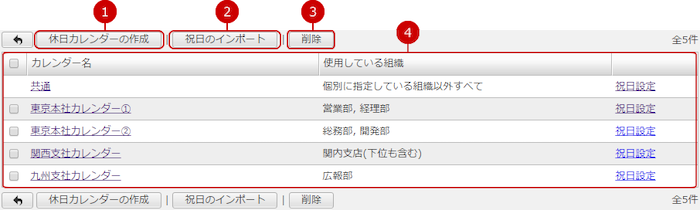 休日カレンダー設定一覧を表示する