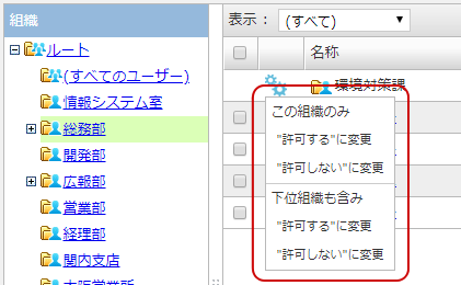 組織のみ又は下位組織を含んだアクセスキーの使用設定