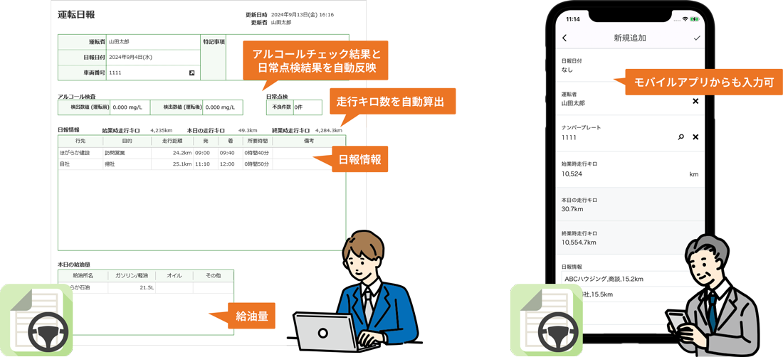 アルコール測定結果と日常点検結果の連携でスムーズな日報提出