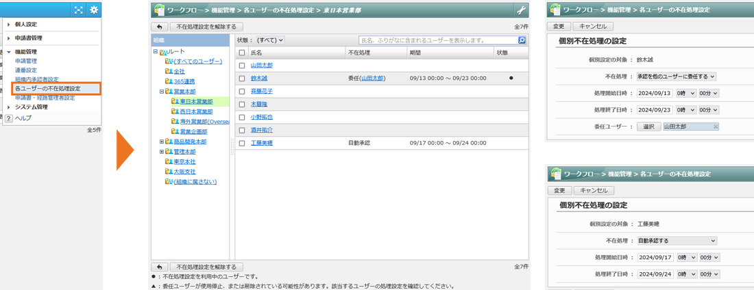 機能管理者が他ユーザーの不在処理を設定可能に