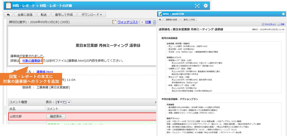 議事録から作成された回覧・レポートの本文に対象の議事録へのリンクが追加された画面イメージ。
