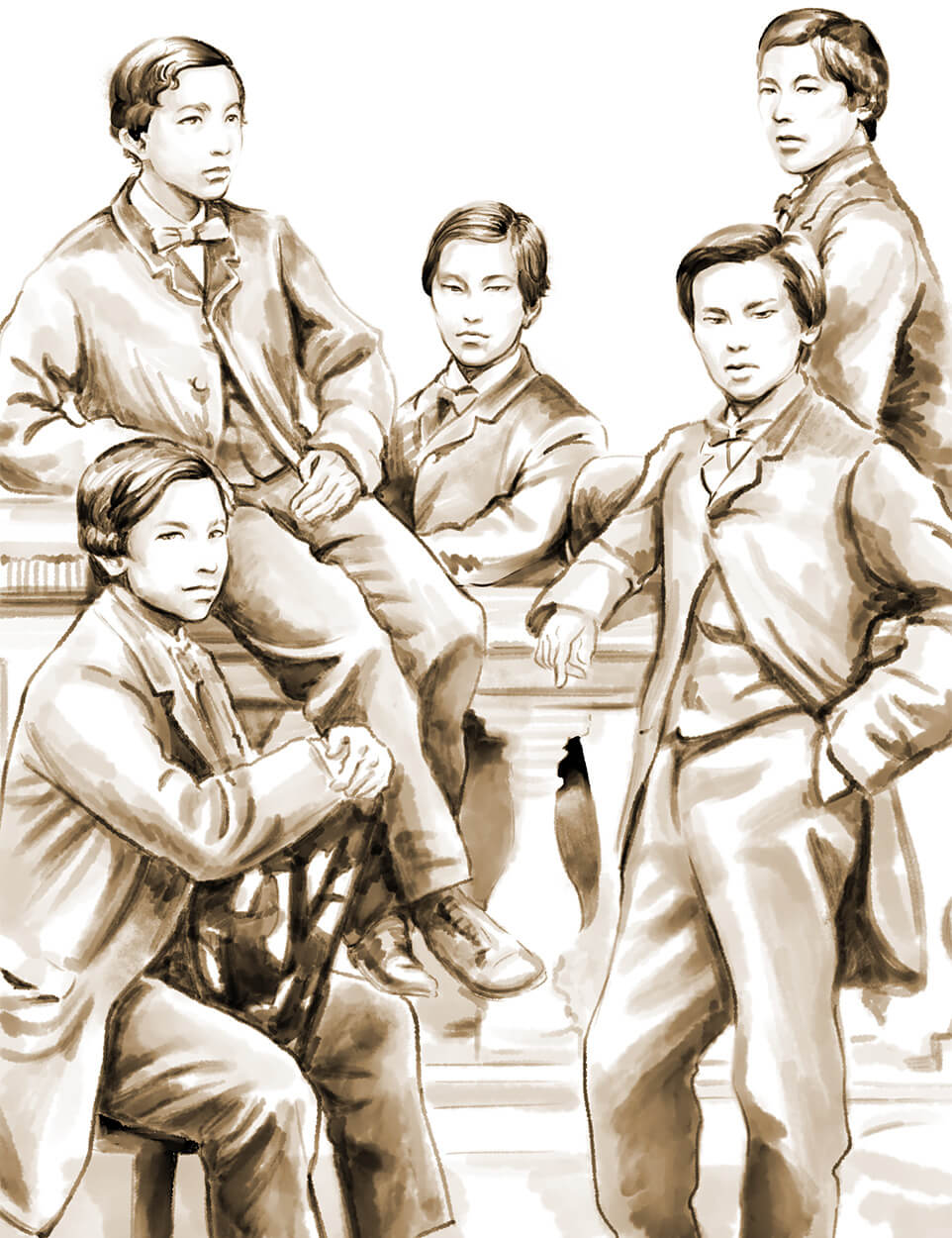 長州ファイブ 左上:遠藤謹助、左下:井上馨、中央:井上勝、右上:伊藤博文、右下:山尾庸三